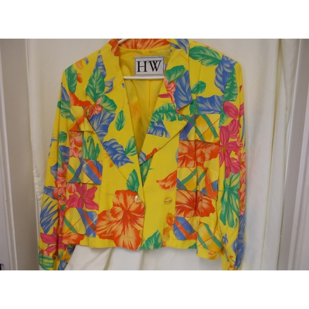 Vintage HW Tropical Floral Cropped Blazer Yellow Rayon Made in USA Size 8 2088
